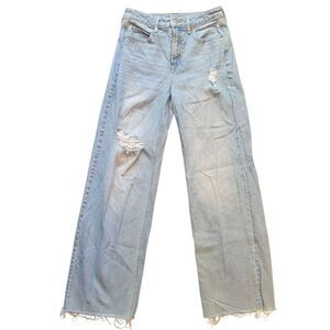 Old Navy Jeans Women's 2 Blue High Rise Sky Hi Wide Leg Distressed Raw Hem